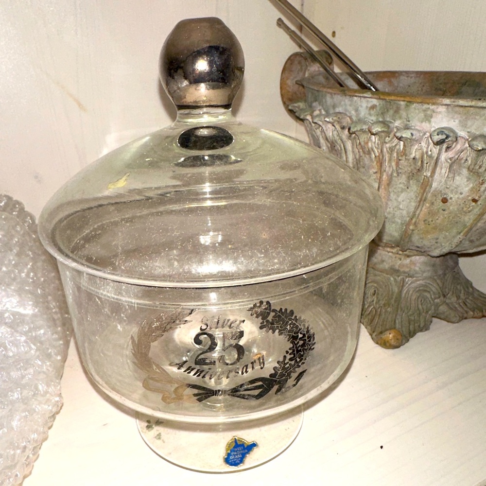 Vintage West Virginia Glass 25th Silver Anniversary Pedestal Candy Bowl & Lid